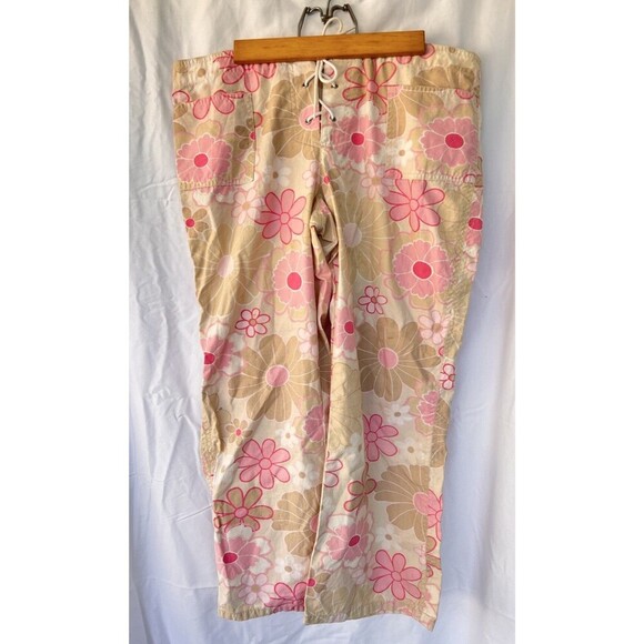 Vtg Y2K Old Navy Pink Floral Capri Khaki Pants M Low Rise Flower Power Boho - Picture 1 of 10
